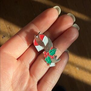 Vintage Festive Silver and Red Holiday Candy Cane Pin